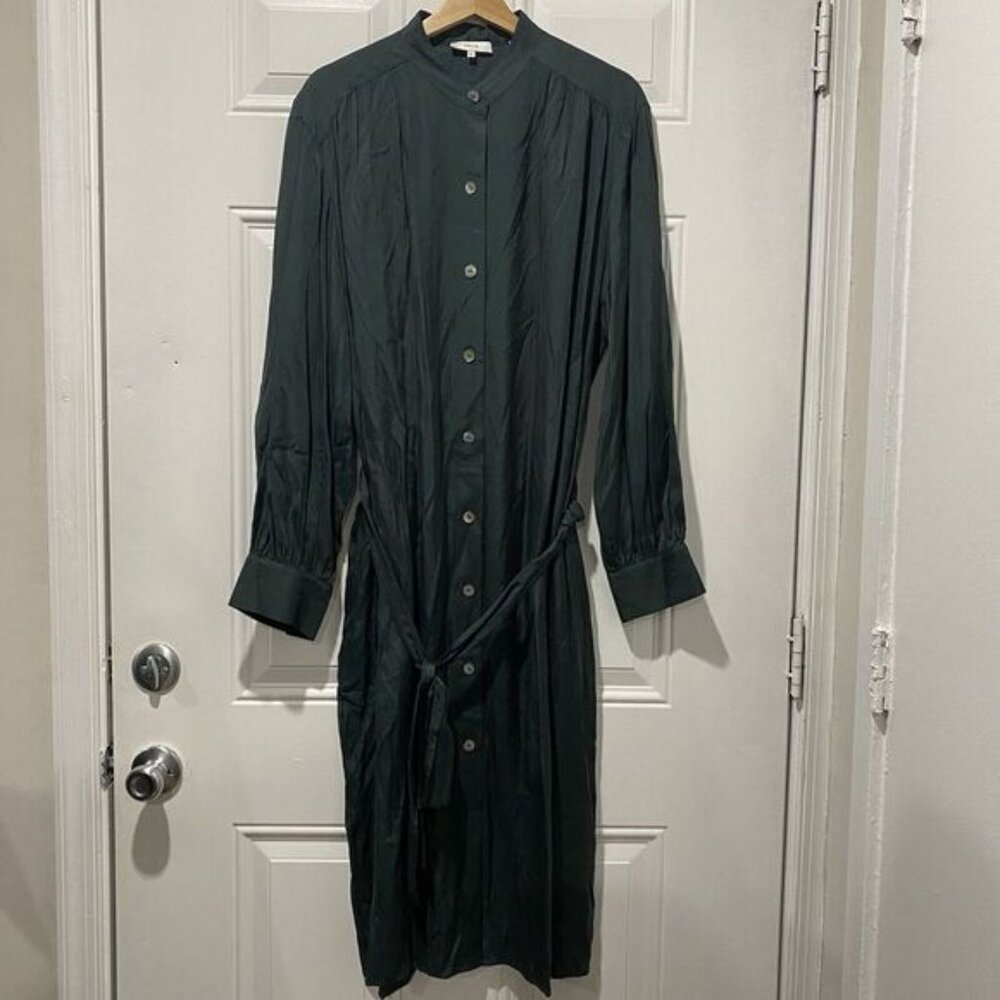 VINCE Women's Silk Mandarin Collar Button Down Shirt XL Green Belt Pockets - Picture 1 of 10